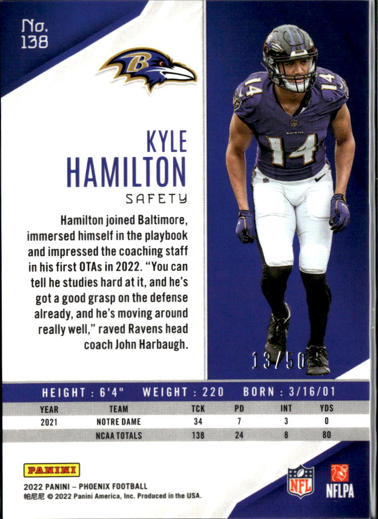 Kyle Hamilton 2022 Phoenix Fire & Ice Prizm Rookie RC 13/50 Baltimore Ravens