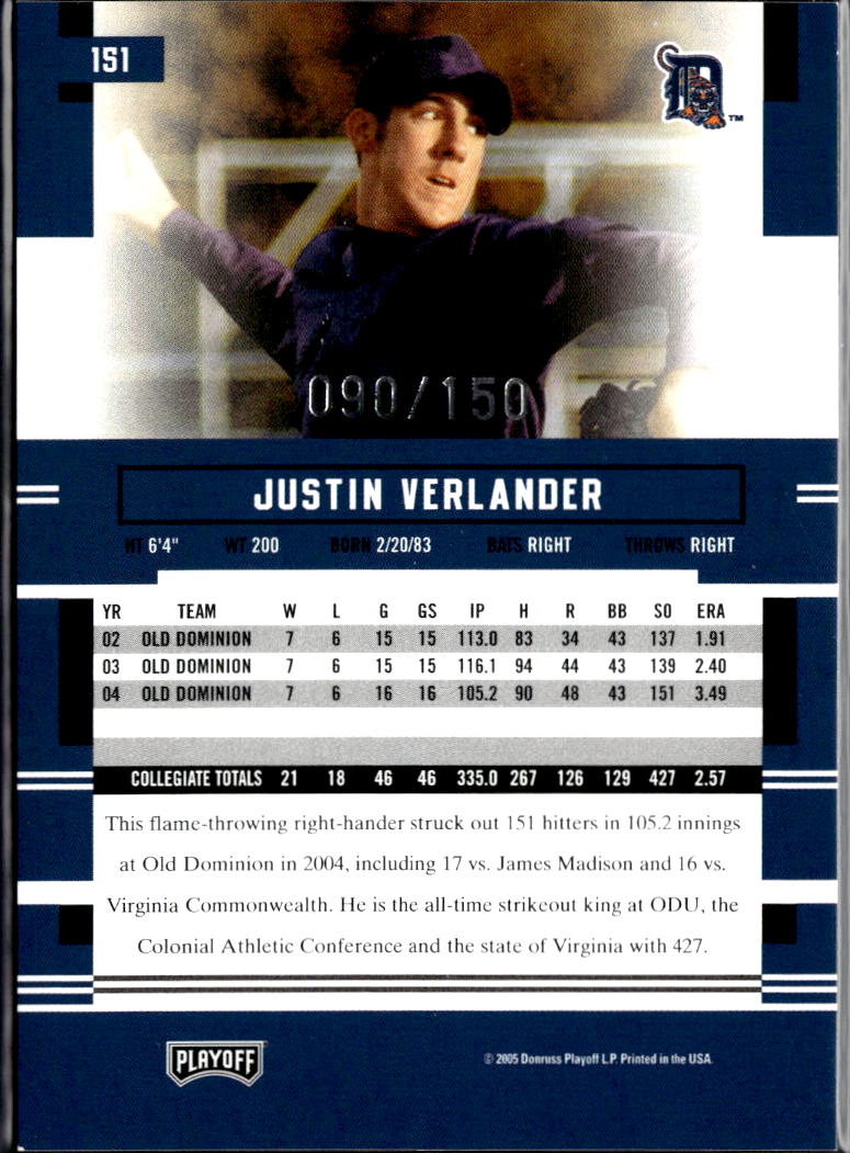 Justin Verlander 2005 Playoff Prestige RED Xtra Bases Rookie RC 90/150 Tigers