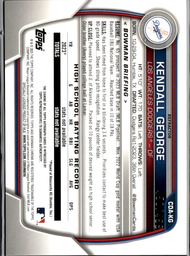Kendall George 2023 Bowman Chrome 1st Auto Autograph RC 450/499 LA Dodgers