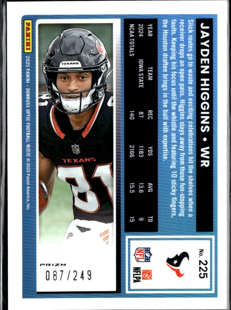 Jayden Higgins 2025 Optic Rated Rookie Blue Prizm RC 87/249 Houston Texans