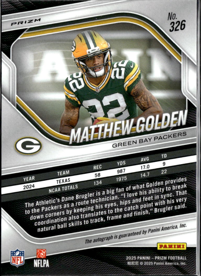 Matthew Golden 2025 Prizm Silver Auto Autograph RC Green Bay Packers