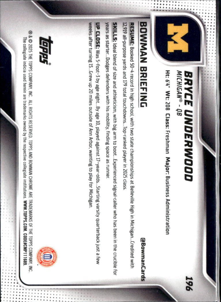 Bryce Underwood 2025 Bowman Chrome 1st Green Refractor 5/99 Michigan Wolverines