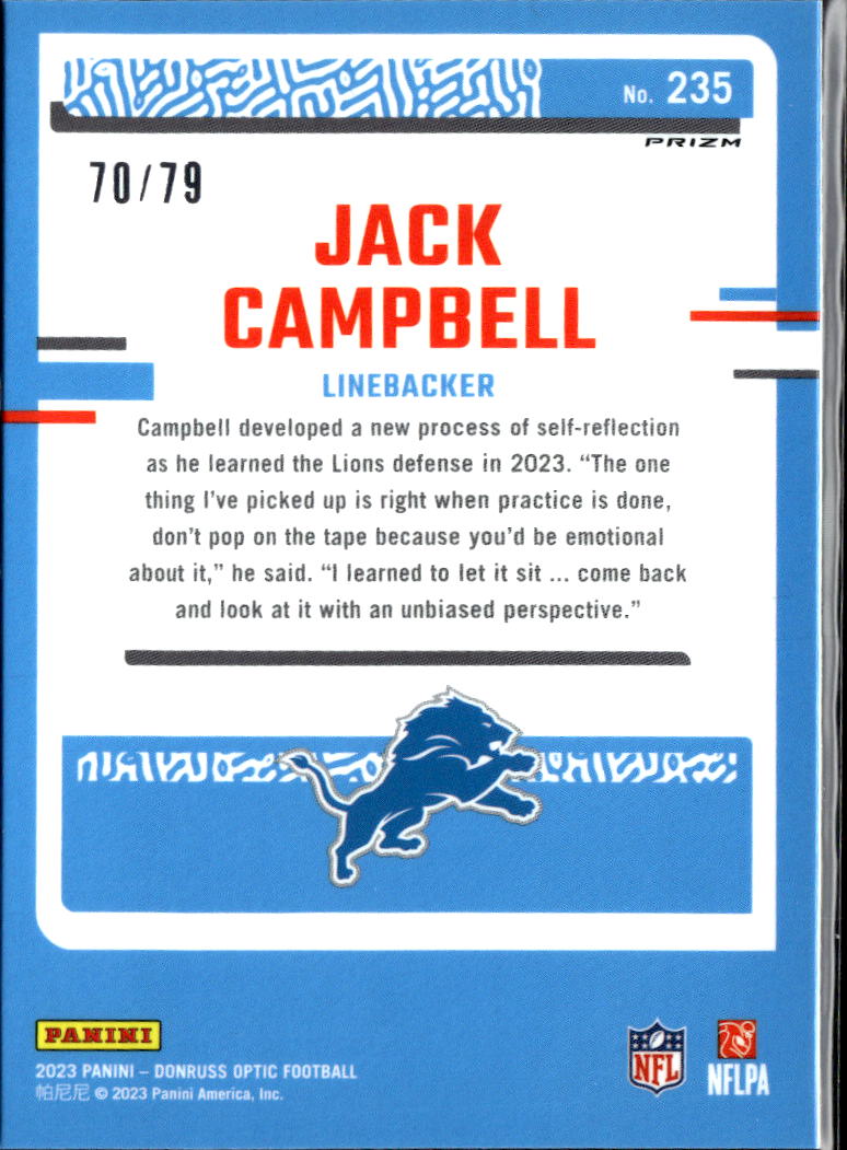 Jack Campbell 2023 Optic Rated Rookie Pink Velocity Prizm RC 70/79 Detroit Lions