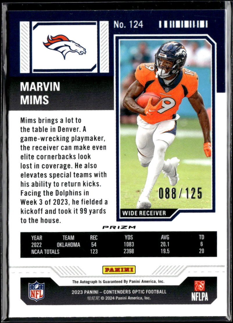 Marvin Mims 2024 Contenders Optic Auto Autograph RC 88/125 Denver Broncos