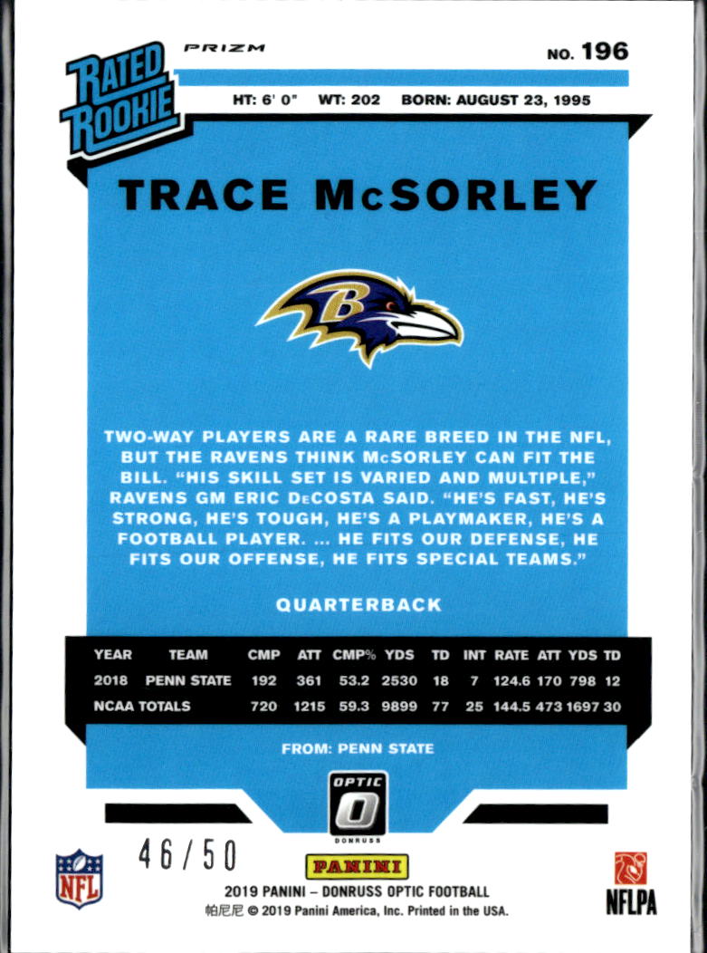 Trace McSorley 2019 Optic Rated Rookie Purple Prizm 46/50 Baltimore Ravens