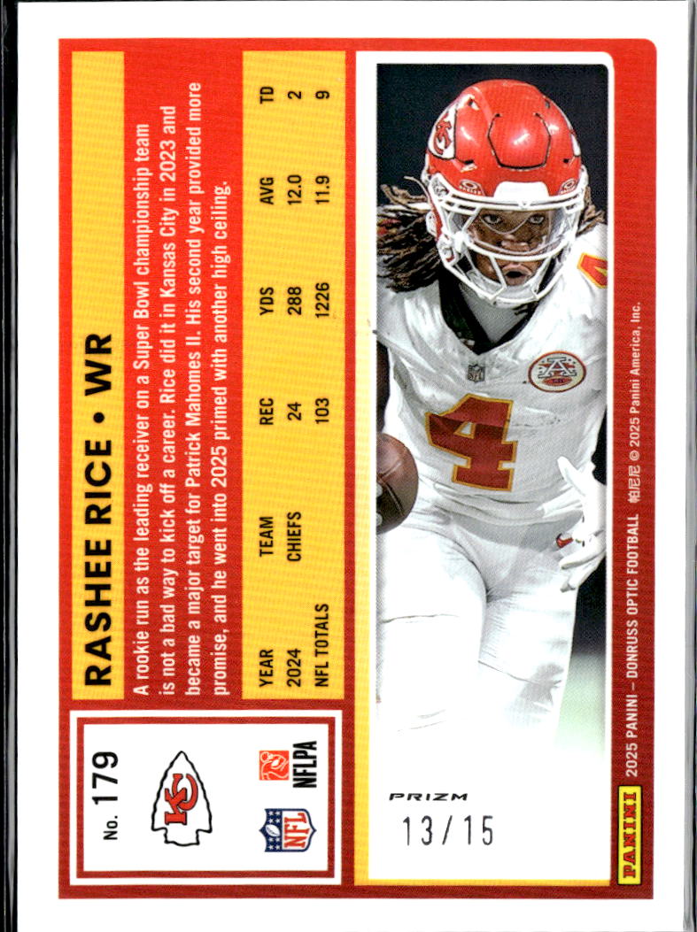 Rashee Rice 2025 Optic Purple Prizm SSP 13/15 Kansas City Chiefs