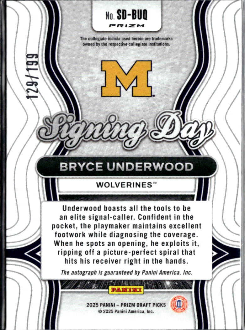 Bryce Underwood 2025 Prizm Draft Picks Auto Autograph RC 129/199 Michigan