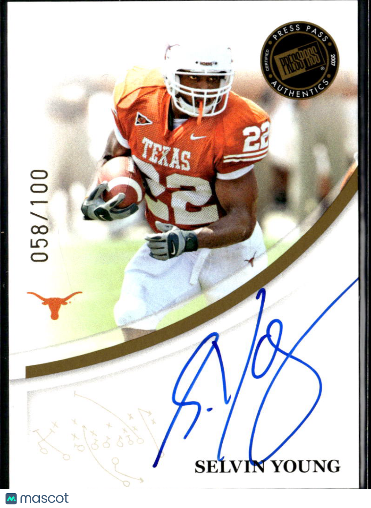 Selvin Young 2007 Press Pass GOLD Auto Autograph RC 58/100 Texas Longhorns