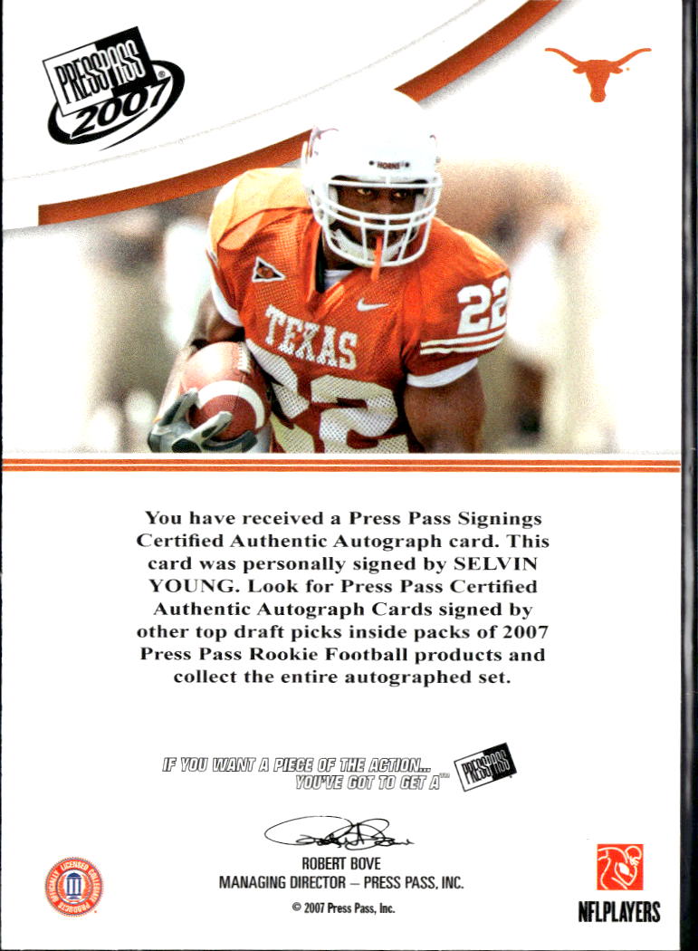 Selvin Young 2007 Press Pass GOLD Auto Autograph RC 58/100 Texas Longhorns