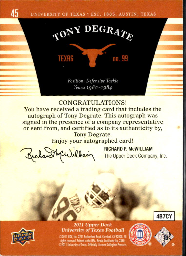 Tony Degrate 2011 Upper Deck Auto Autograph Texas Longhorns