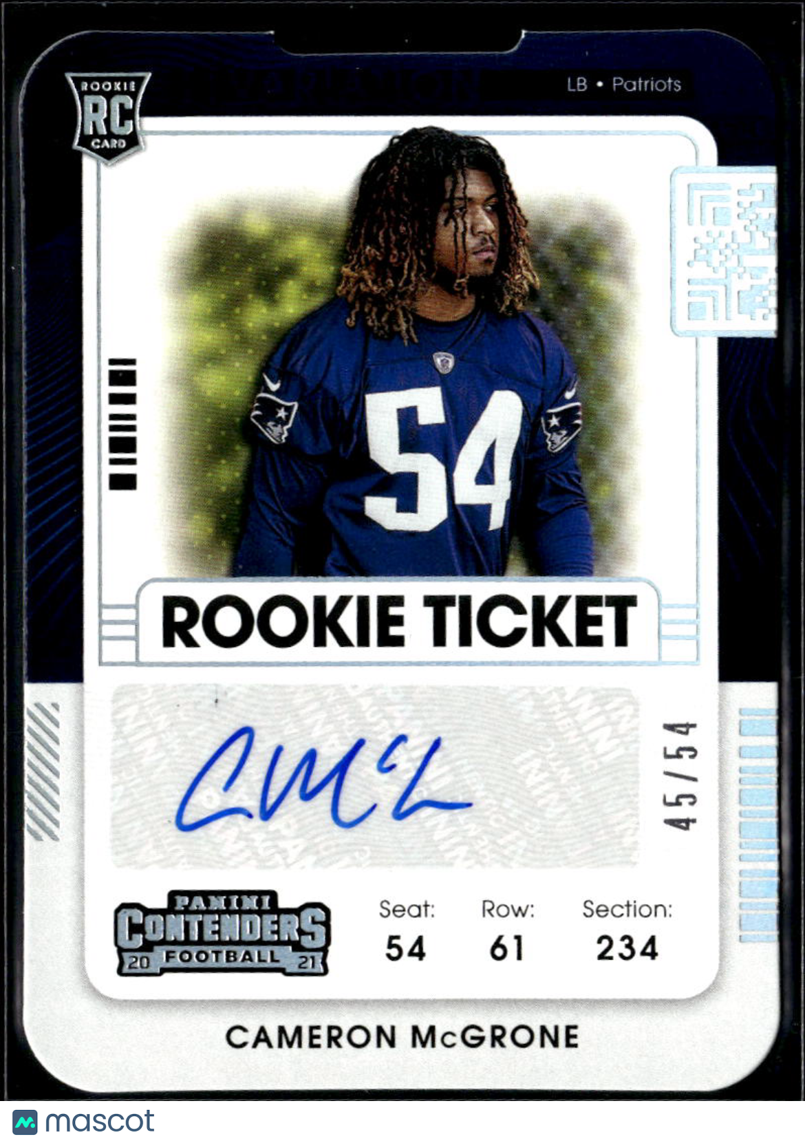Cameron McGrone 2021 Contenders Ticket Stub Auto Autograph RC 45/54 Patriots