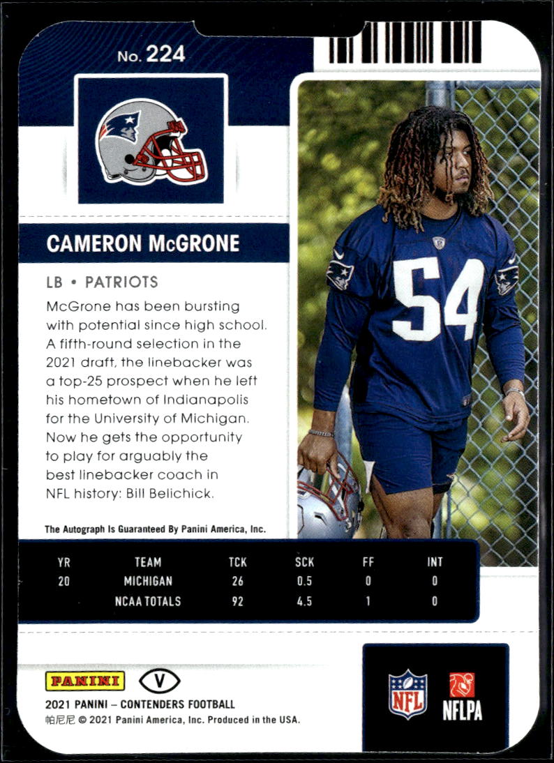 Cameron McGrone 2021 Contenders Ticket Stub Auto Autograph RC 45/54 Patriots