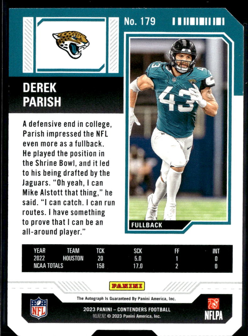 Derek Parish 2023 Contenders Auto Autograph RC Ticket Stub 25/43 Jaguars
