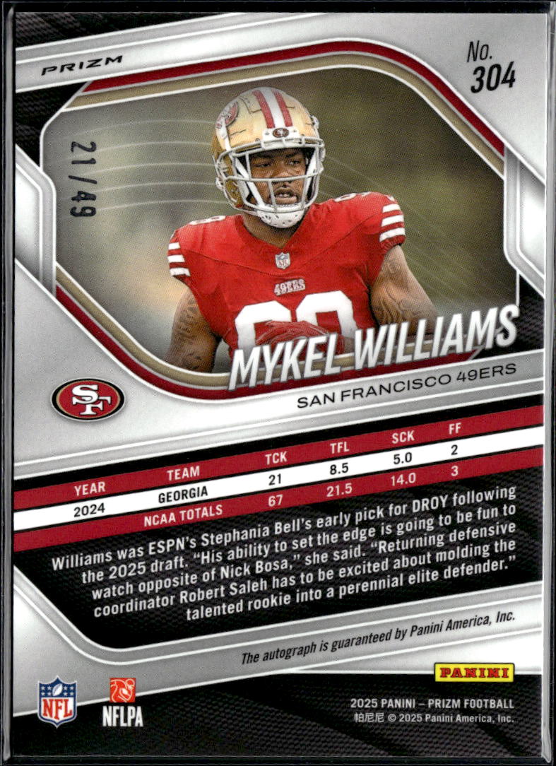 Mykel Williams 2025 Prizm Purple Scope Auto Autograph RC 21/49 49ers