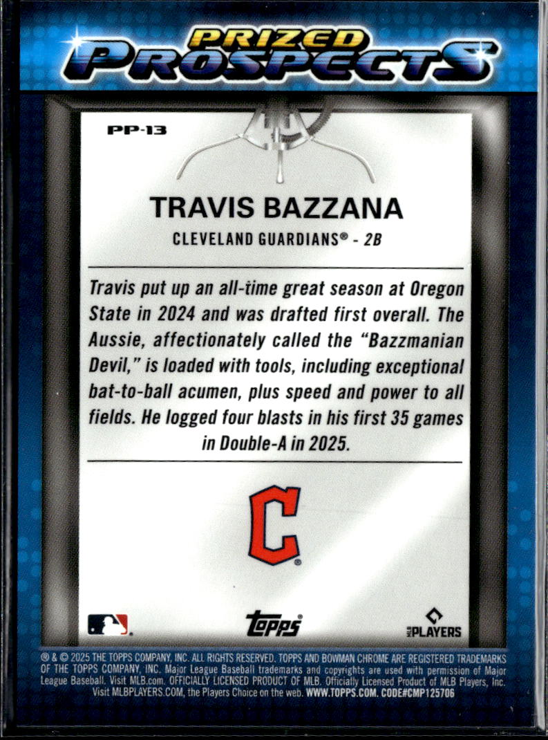 Travis Bazzana 2025 Bowman Chrome Prized GOLD Refractor RC 31/50 Guardians