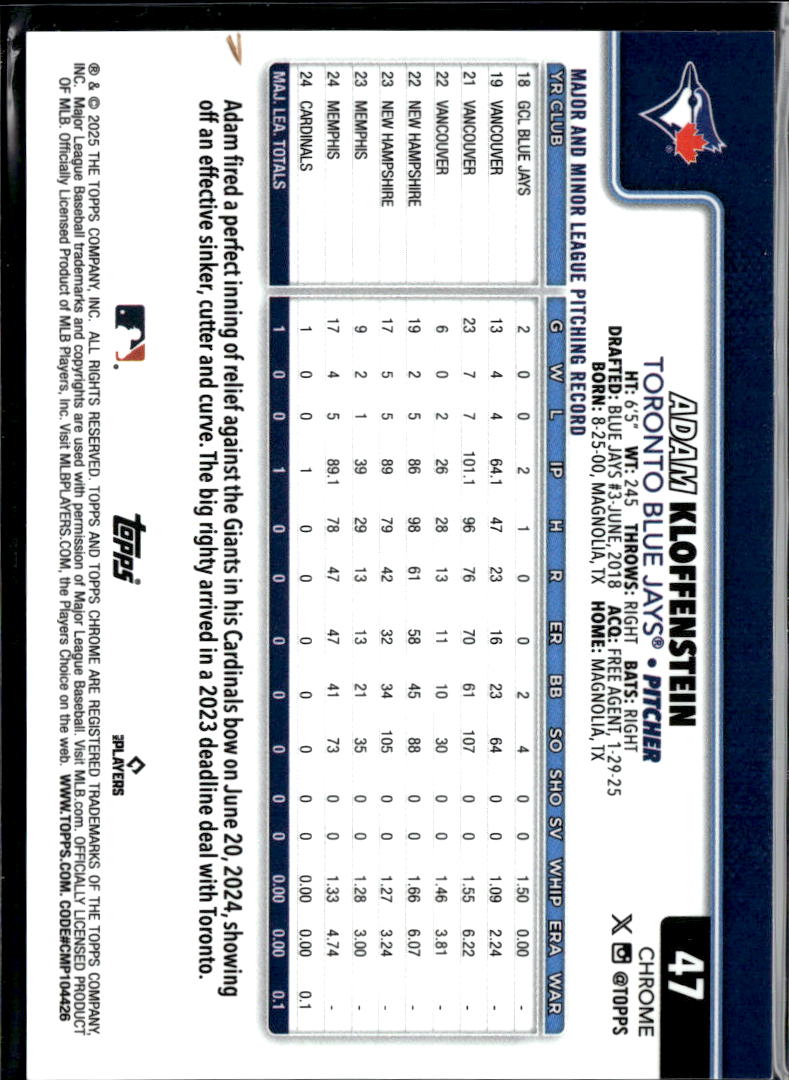 Adam Kloffenstein 2025 Topps Chrome Frozen Refractor SSP Rookie -5/0 Blue Jays