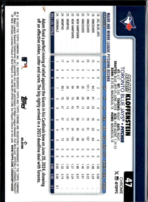 Adam Kloffenstein 2025 Topps Chrome Frozen Refractor SSP Rookie -5/0 Blue Jays
