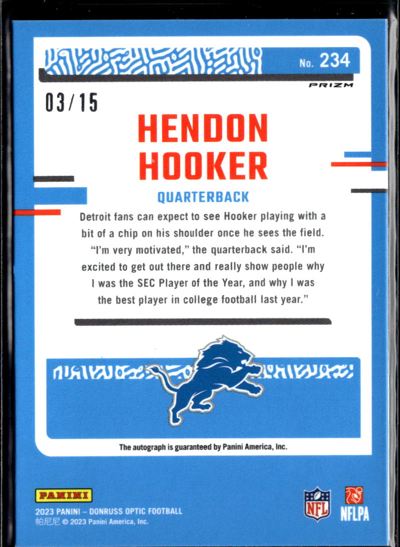 Hendon Hooker 2023 Optic Rated Rookie Auto Autograph Blue Ice RC 3/15 Lions