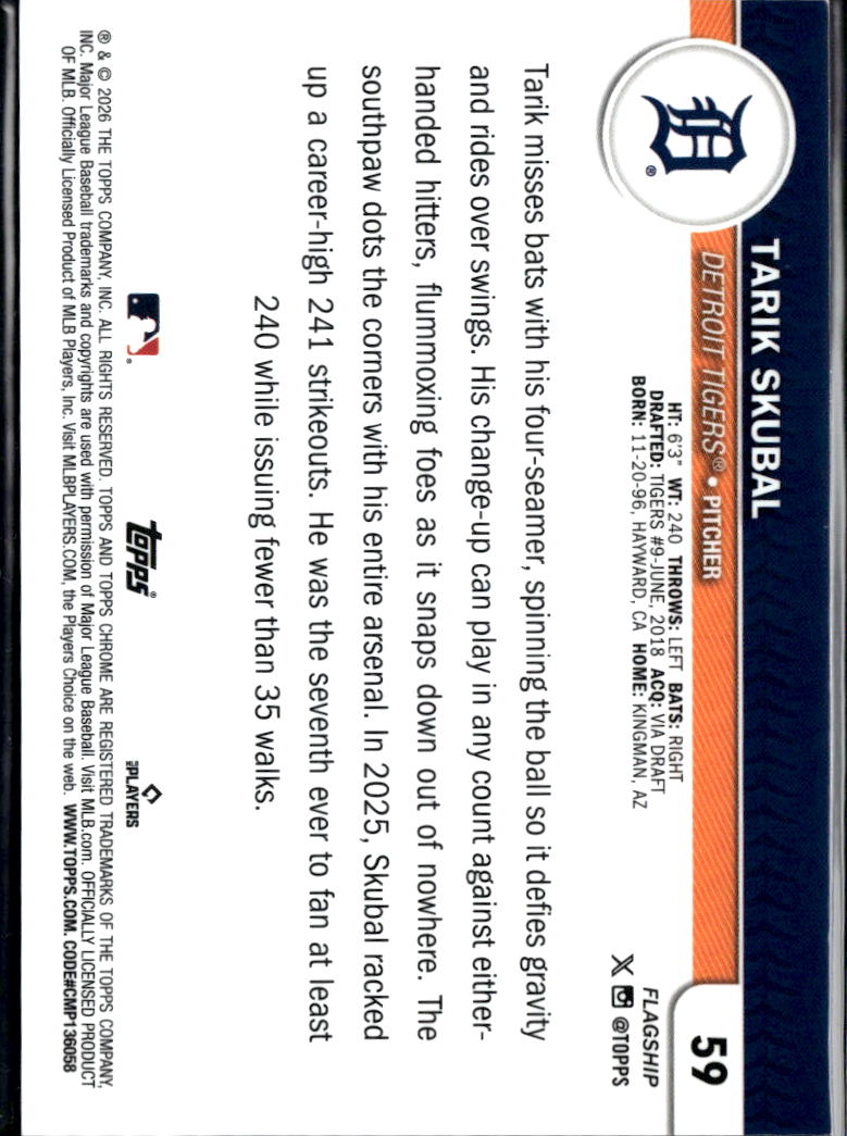Tarik Skubal 2026 Topps Chrome GOLD Refractor 46/50 Detroit Tigers