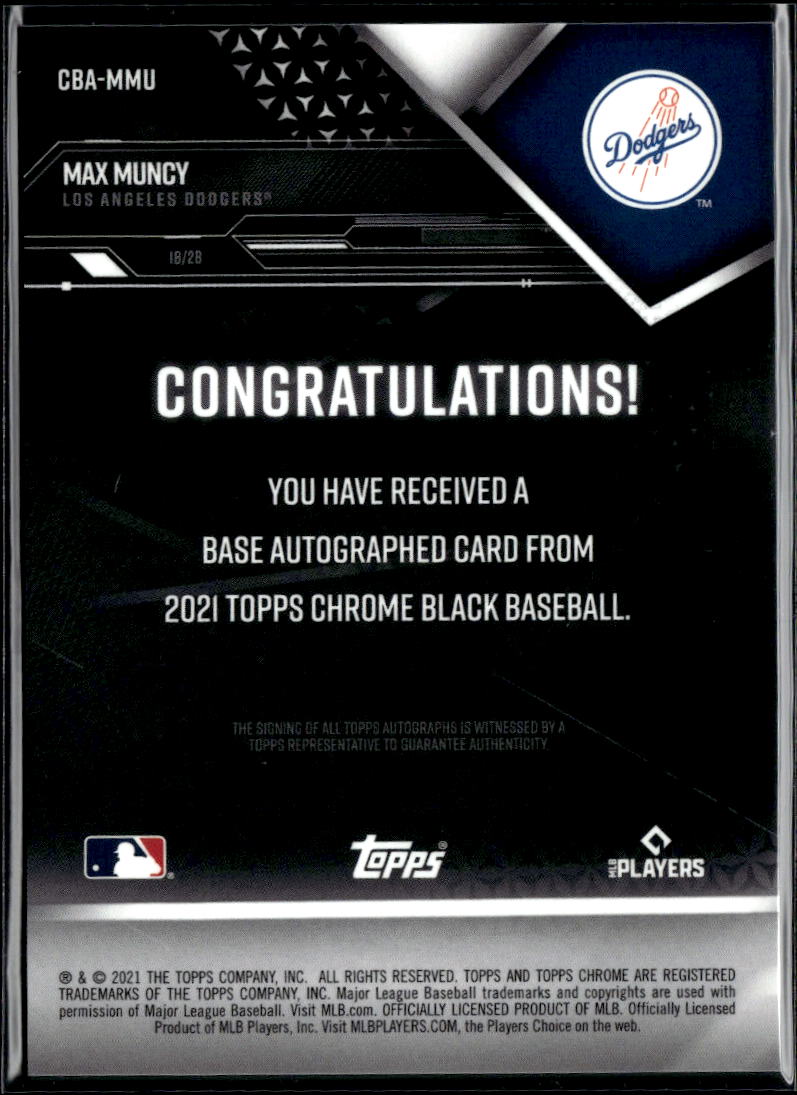 Max Muncy 2021 Topps Chrome Black Auto Autograph Los Angeles Dodgers