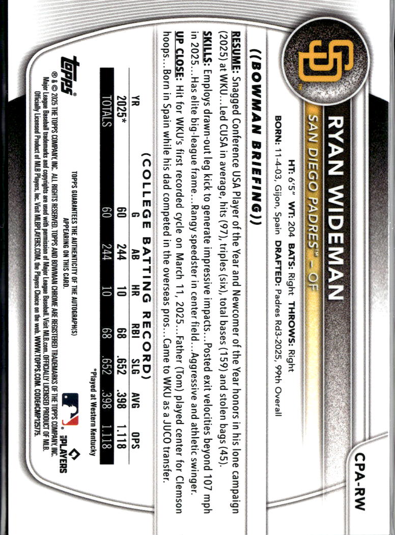 Ryan Wideman 2025 Bowman Chrome 1st Auto Autograph RC 13/150 Padres