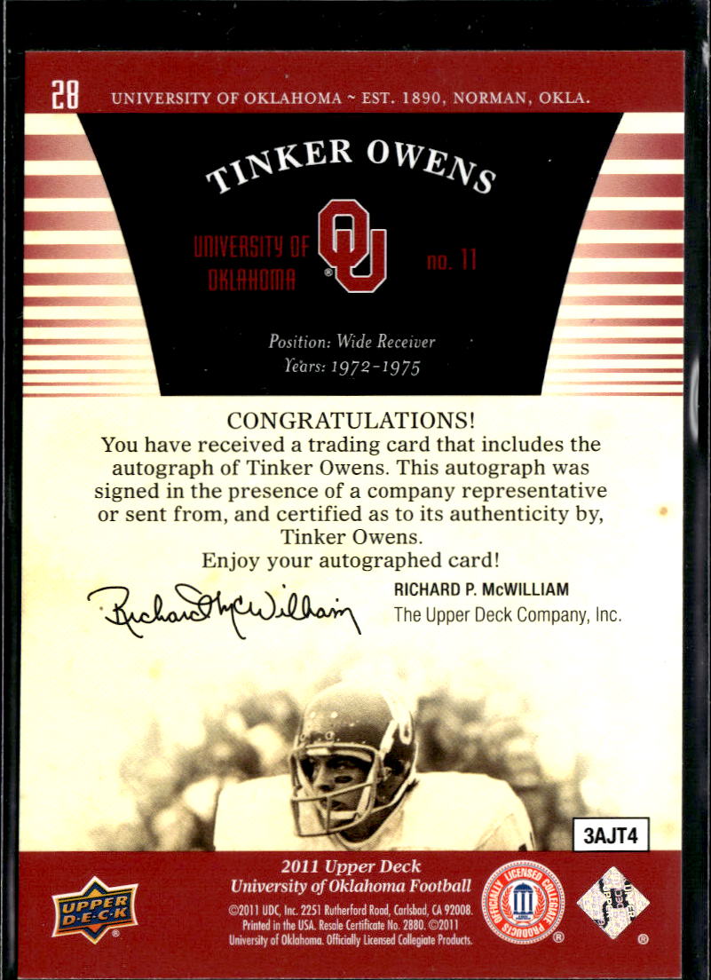 Tinker Owens 2011 Upper Deck University of Oklahoma Auto Autograph Sooners