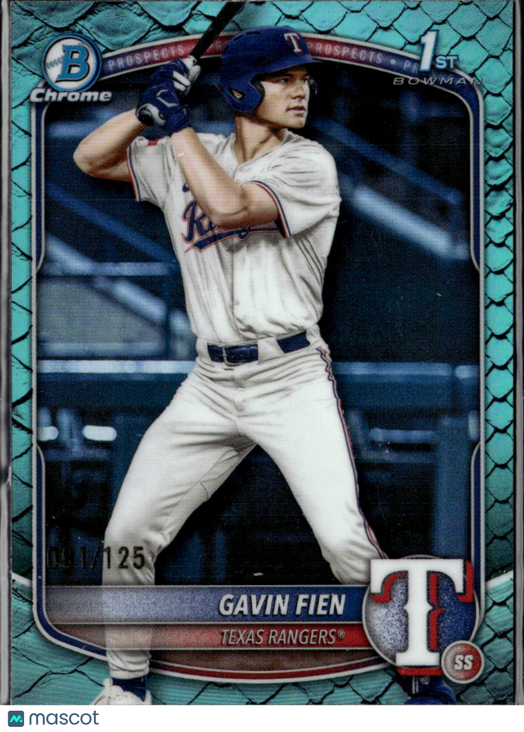 Gavin Fien 2025 Bowman Chrome 1st Aqua Reptilian Refractor 91/125 Texas Rangers