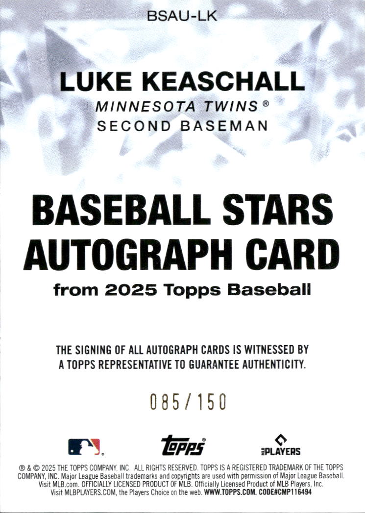 Luke Keaschall 2025 Topps Baseball Stars Auto Autograph RC 85/150 Twins