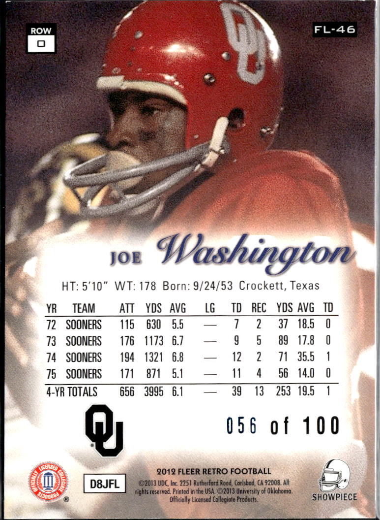 Joe Washington 2013 Fleer Retro Flair Showcase Legacy Oklahoma Sooners 56/100