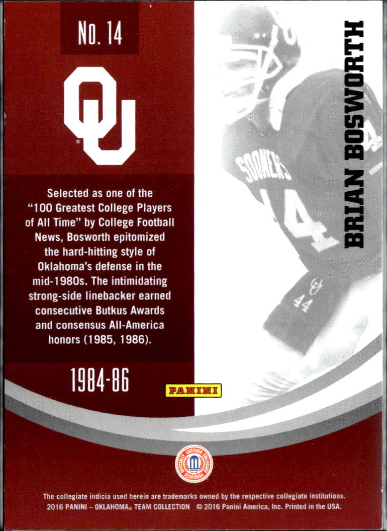 Brian Bosworth 2016 Panini Oklahoma Team Collection GOLD 17/25 Oklahoma Sooners
