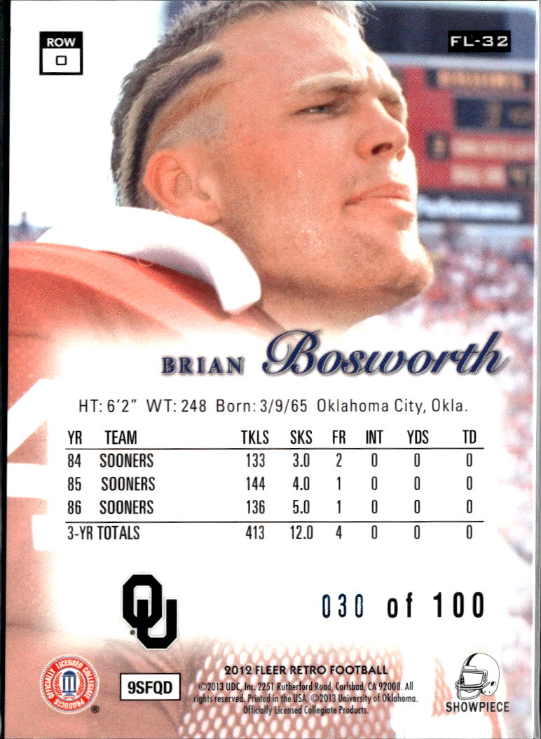 Brian Bosworth 2013 Fleer Retro Flair Showcase Legacy Oklahoma Sooners 30/100