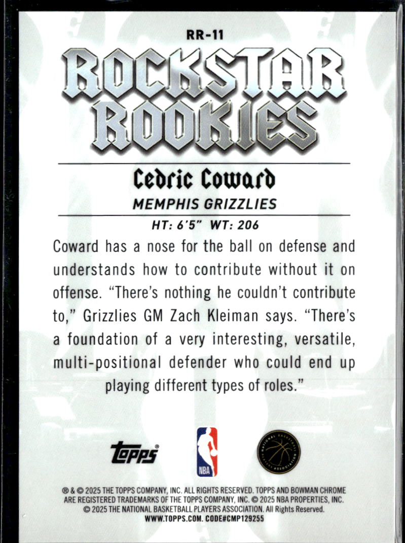 Cedric Coward 2025 Bowman Chrome GOLD Refractor Rookie 44/50 Memphis Grizzlies