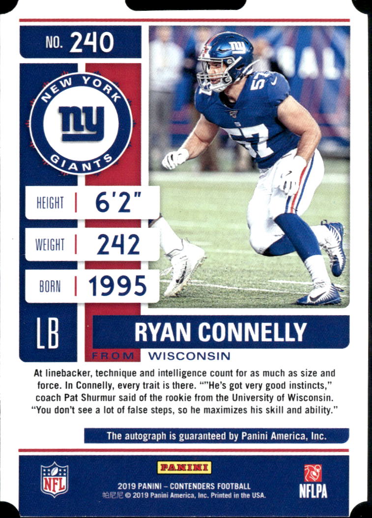Ryan Connelly 2019 Contenders Ticket Stub Auto Autograph RC 10/57 NY Giants