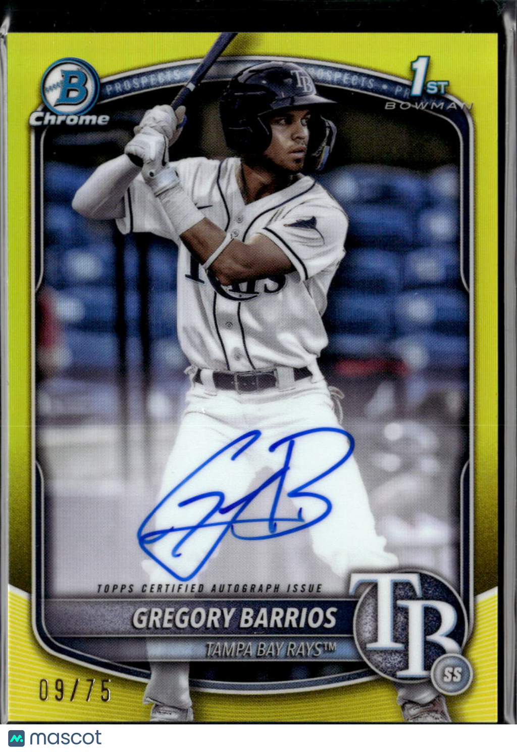 Gregory Barrios 2025 Bowman Chrome 1st Yellow Auto Autograph RC 9/75 Rays