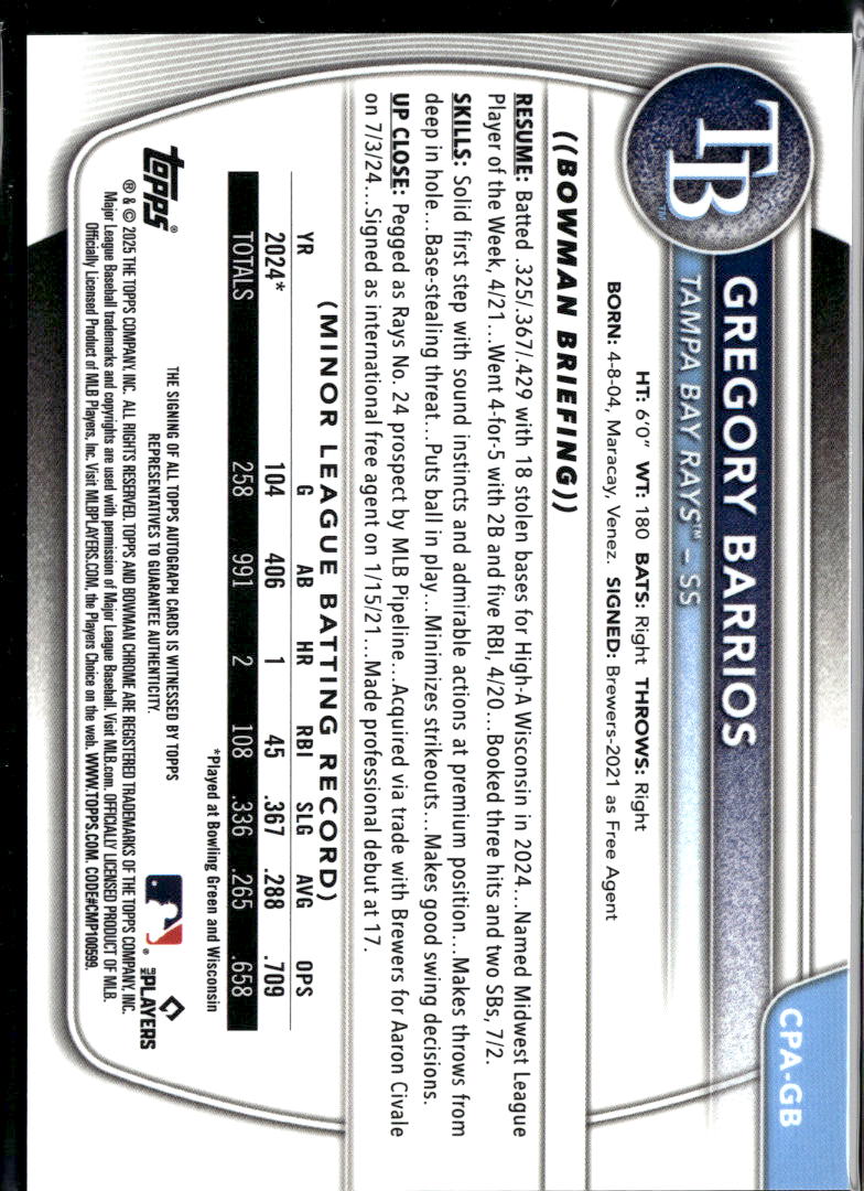 Gregory Barrios 2025 Bowman Chrome 1st Yellow Auto Autograph RC 9/75 Rays