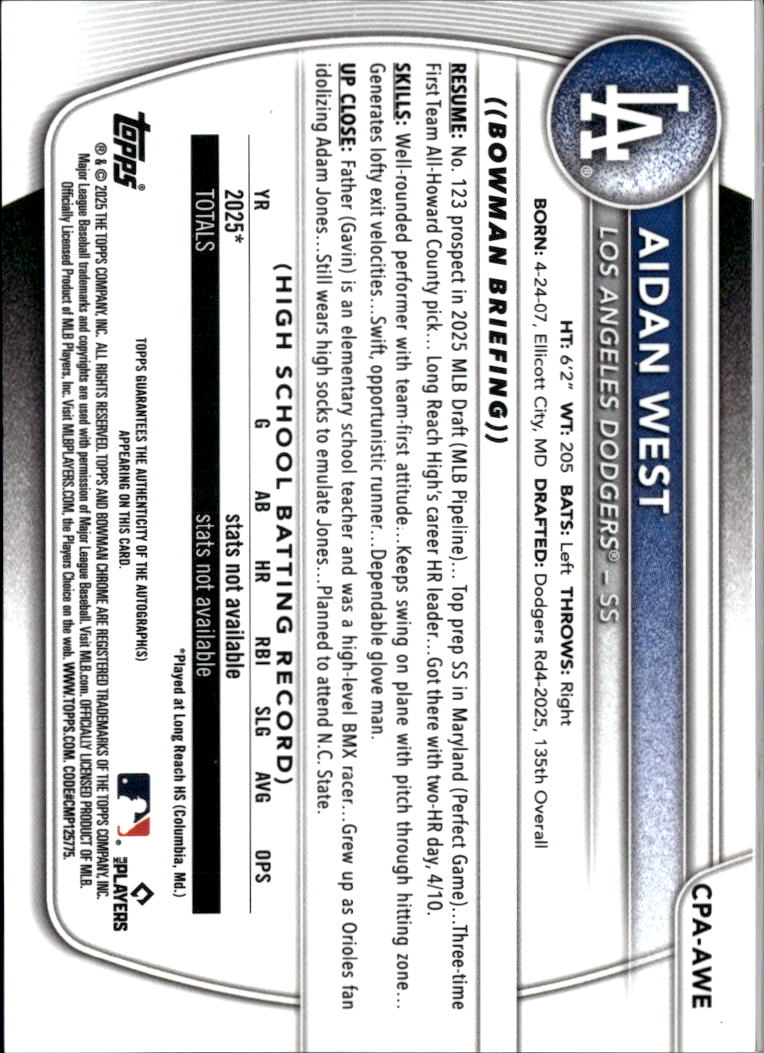 Aidan West 2025 Bowman Chrome 1st Auto Autograph RC 114/150 LA Dodgers