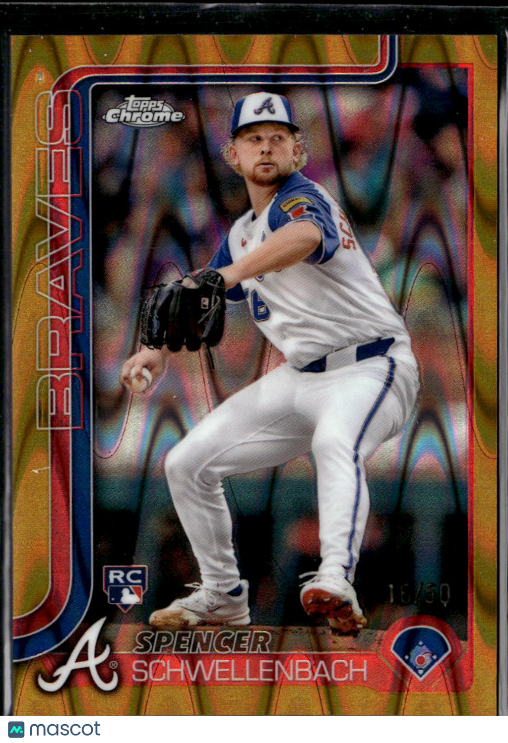 Spencer Schwellenbach 2025 Topps Chrome GOLD Raywave Refractor RC 16/40 Braves