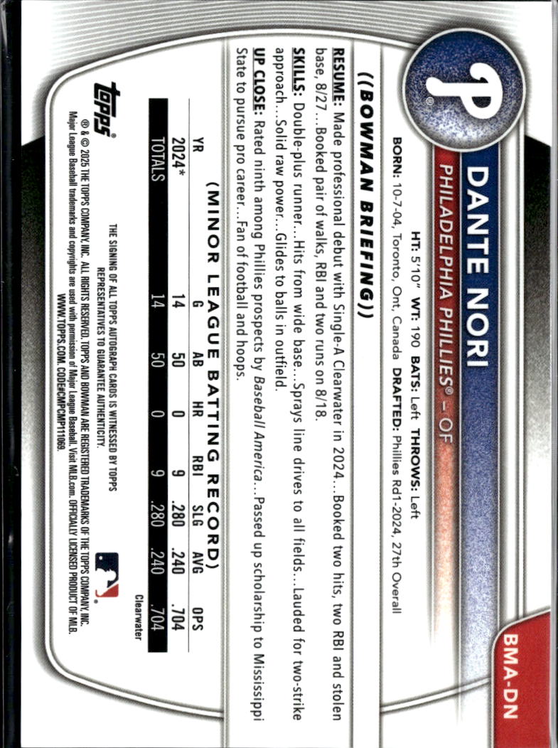 Dante Nori 2025 Bowman Chrome GOLD Auto Autograph 15/50 Philadelphia Phillies