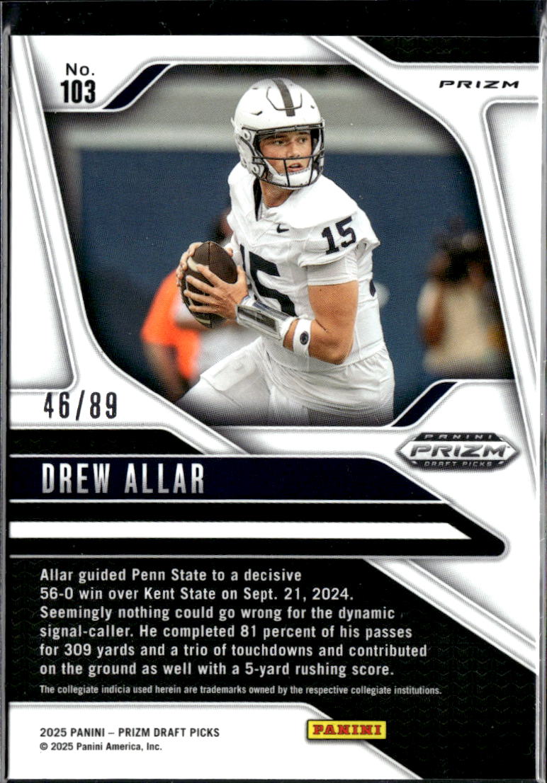 Drew Allar 2025 Prizm Draft Picks Blue Mosaic Prizm Rookie RC 46/89 Penn State