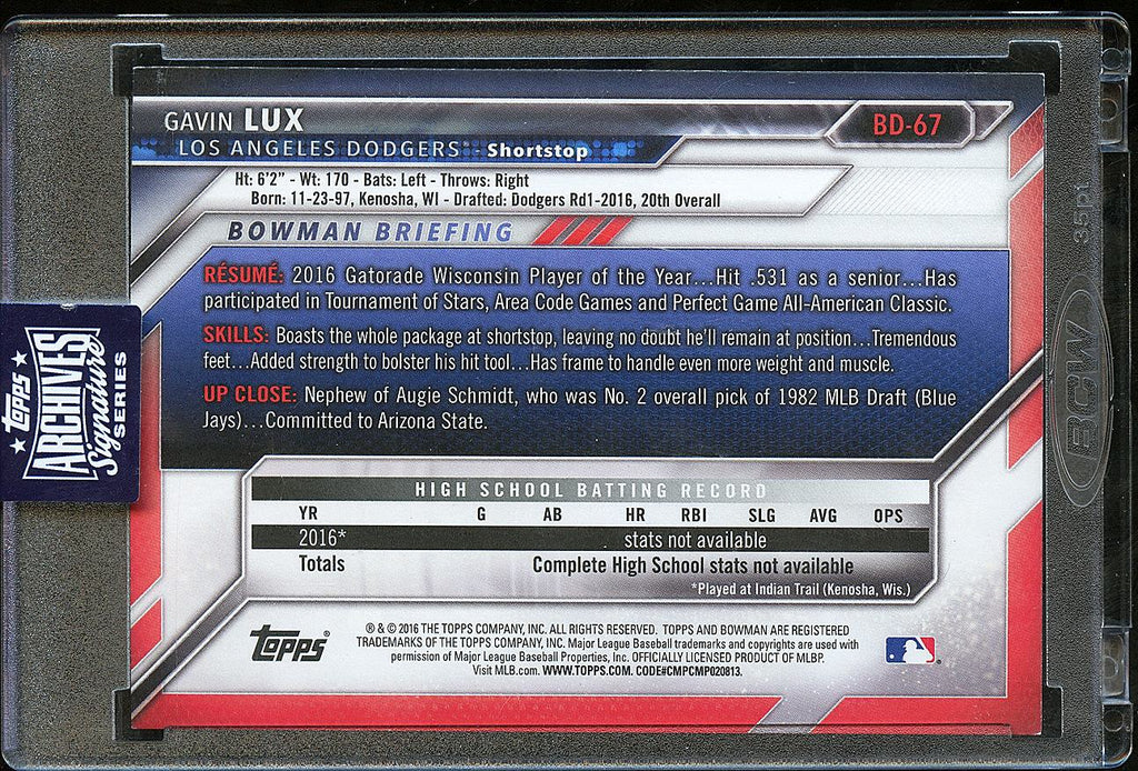 Gavin Lux 2016 Topps Archives Bowman Auto Autograph 12/46 Los Angeles Dodgers