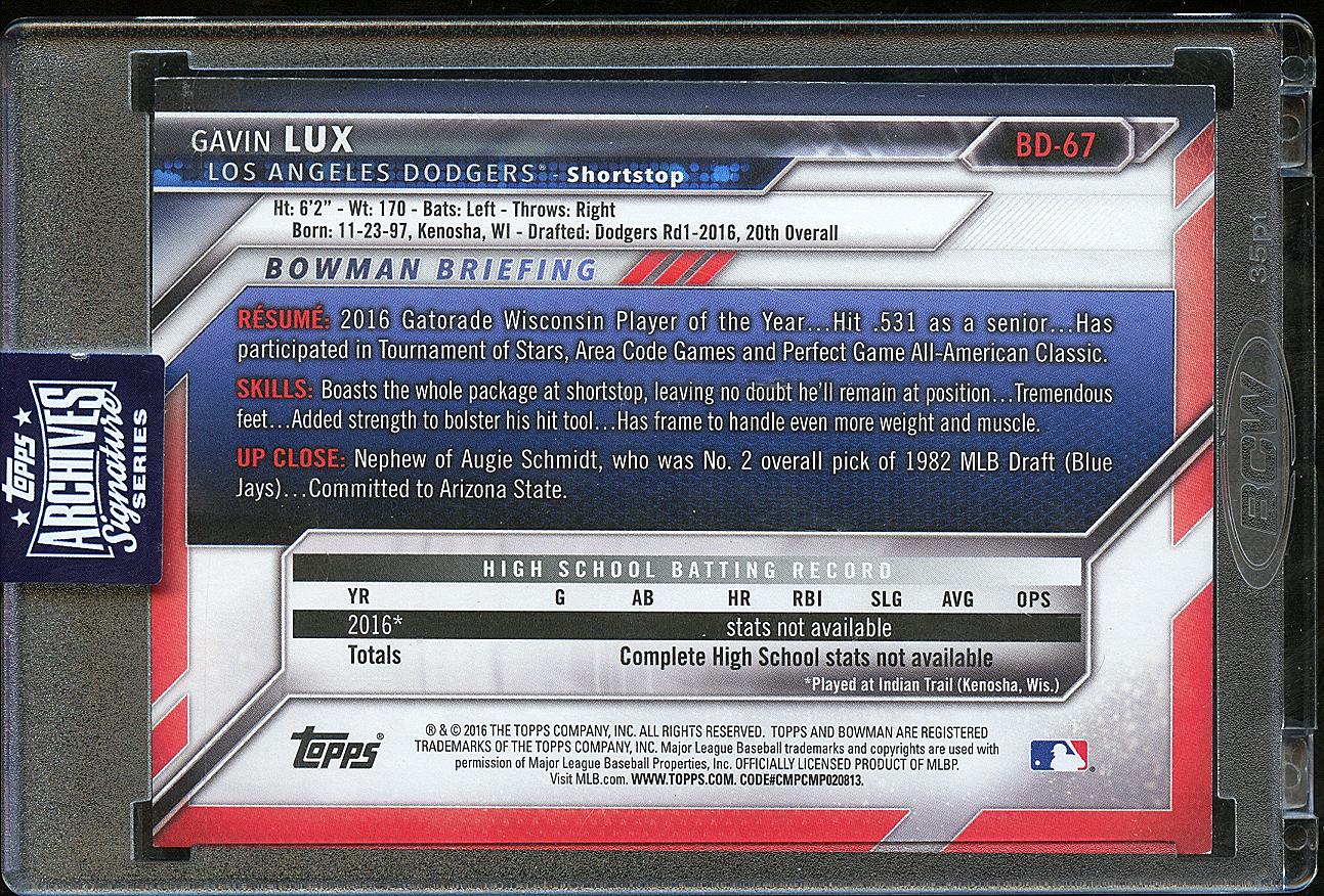 Gavin Lux 2016 Topps Archives Bowman Auto Autograph 12/46 Los Angeles Dodgers