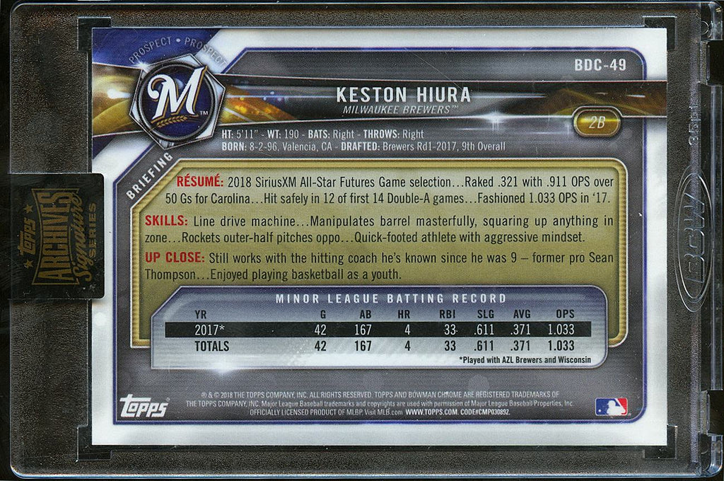 Keston Hiura 2018 Topps Archives Bowman Chrome Auto Autograph 24/29 Brewers