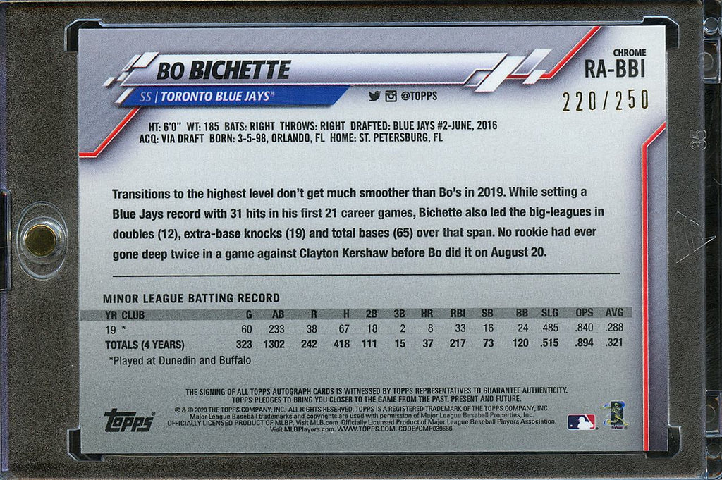 Bo Bichette 2020 Topps Chrome Auto Autograph RC Purple 220/250 Toronto Blue Jays