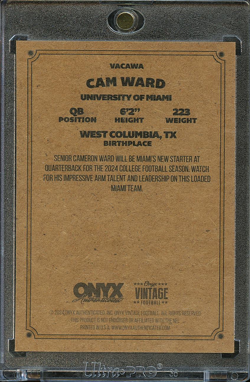 Cam Ward 2024 Onyx Vintage On Card Auto Autograph RC Titans Miami Hurricanes