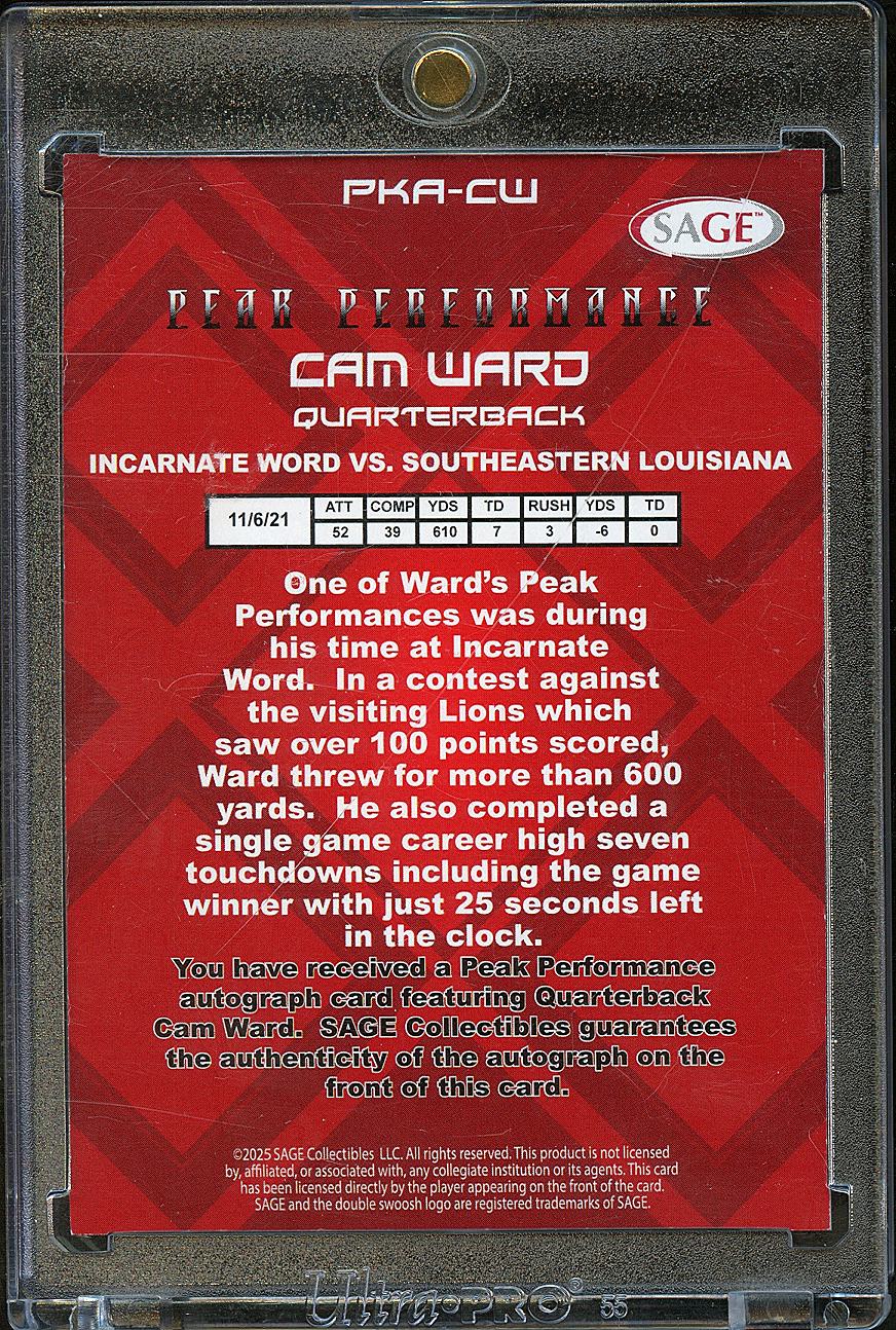 Cam Ward 2025 SAGE Peak Performance Auto Autograph Rookie RC Tennessee Titans