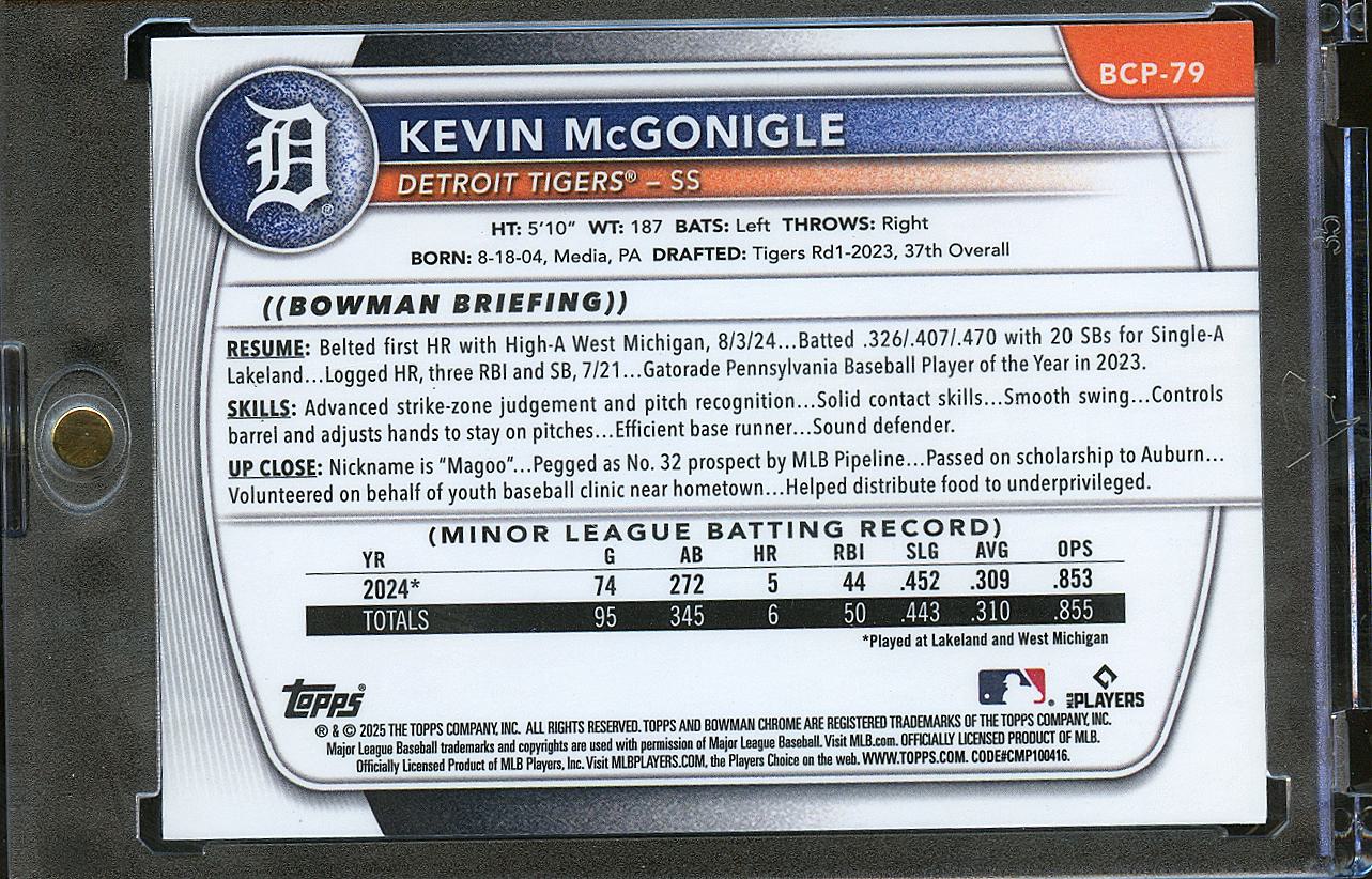 Kevin McGonigle 2025 Bowman Chrome 1st Steel Metal Refractor RC 86/100 Tigers
