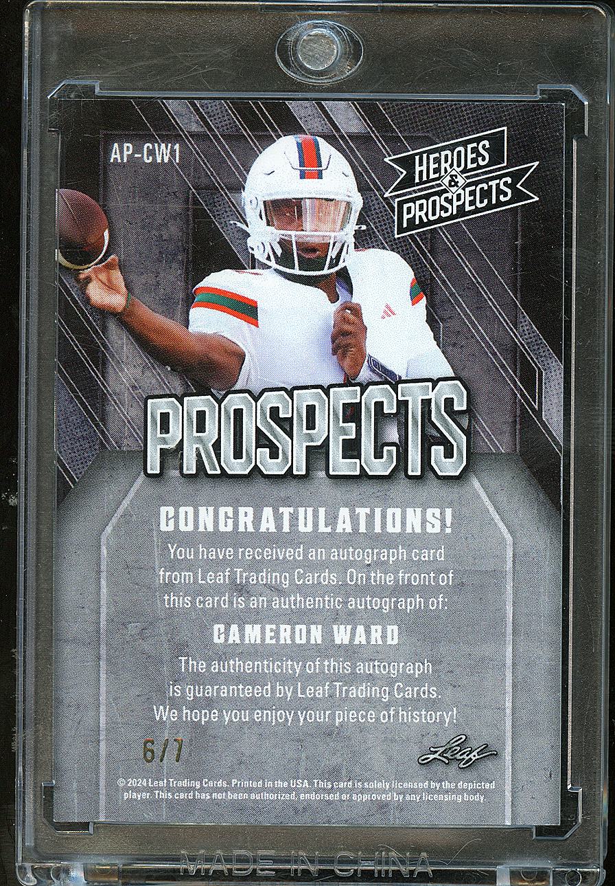 Cam Ward 2024 Leaf Heroes & Prospects Auto Autograph RC Green 6/7 Miami