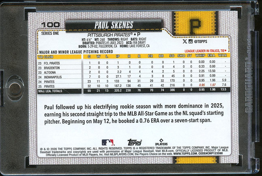 Paul Skenes 2026 Topps Series One Mascot Variation SSP SHORTPRINT #100 Pirates