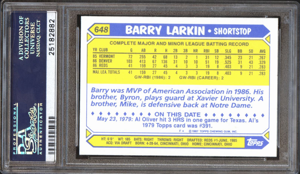 Barry Larkin 1987 Topps Tiffany Rookie RC Cincinnati Reds #648 PSA 10