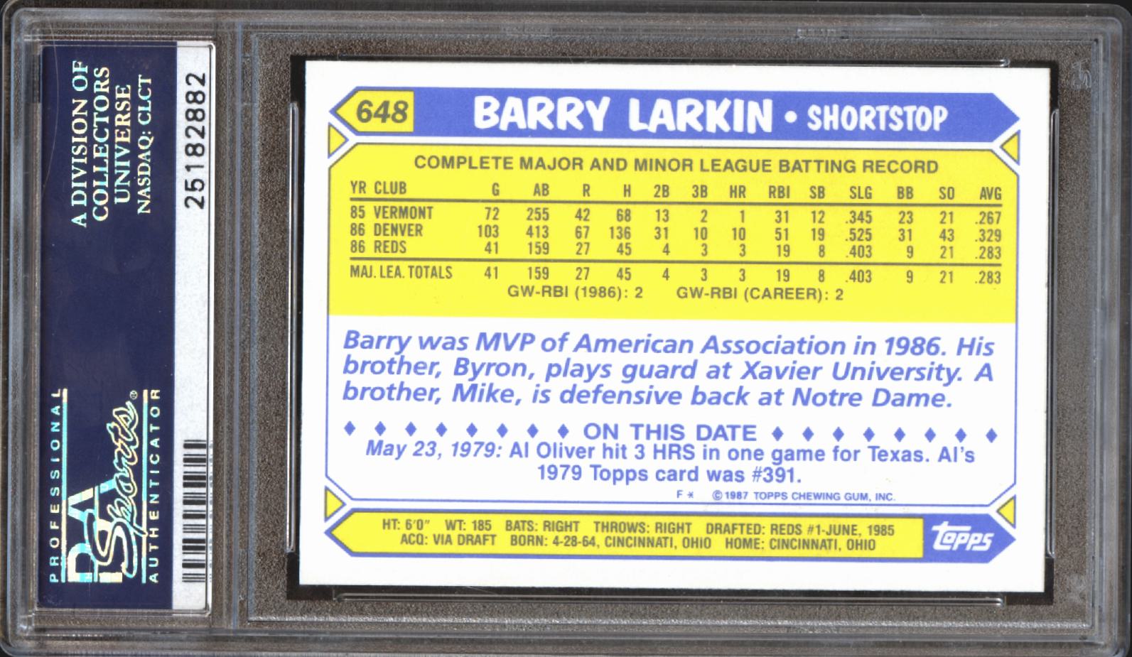 Barry Larkin 1987 Topps Tiffany Rookie RC Cincinnati Reds #648 PSA 10